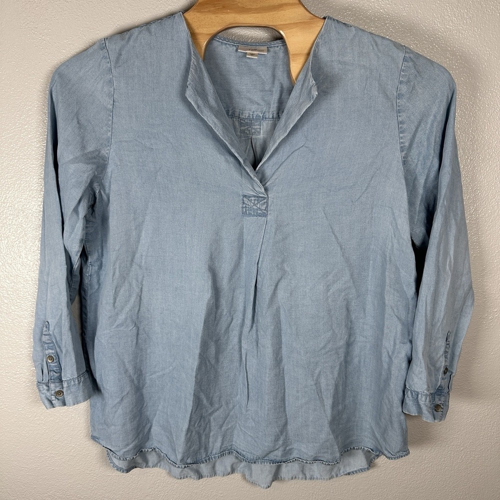 J Jill Denim Chambray Tunic Top Womens XL Blue Minimalist Long Sleeve Split Neck